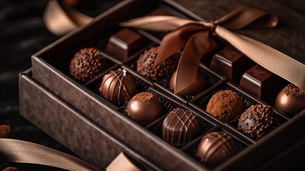 Luxurious chocolate truffles in an elegant box, adorned with a brown ribbon, showcasing rich dark colors and high detail.