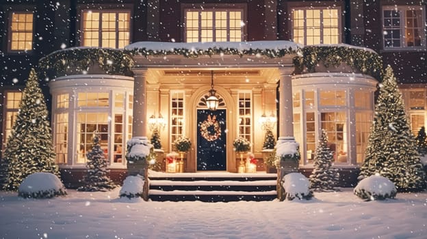 Christmas in the countryside manor, English country house mansion decorated for holidays on a snowy winter evening with snow and holiday lights, Merry Christmas and Happy Holidays design