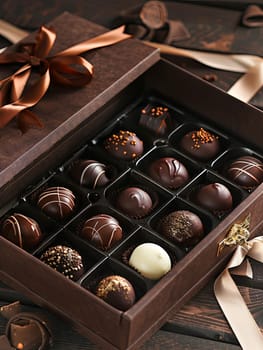 A luxurious box of chocolate truffles with ribbons sits on a wooden table.