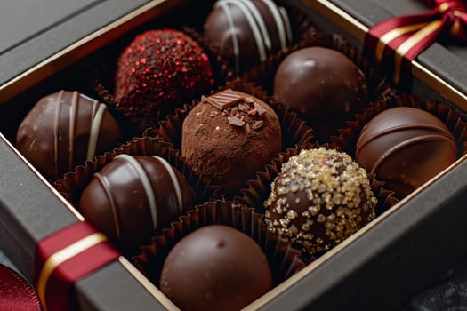 A luxurious box of assorted chocolate truffles, rich in dark colors and elegantly decorated with ribbons, placed on a table.