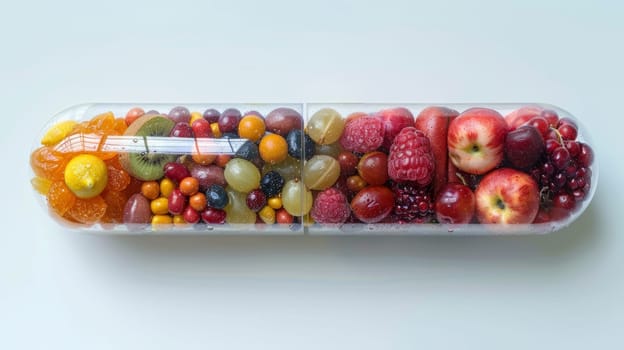 Vegetables and fruits inside the vitamin rich capsule on a white background . Natural products containing dietary fiber and minerals are good for health.