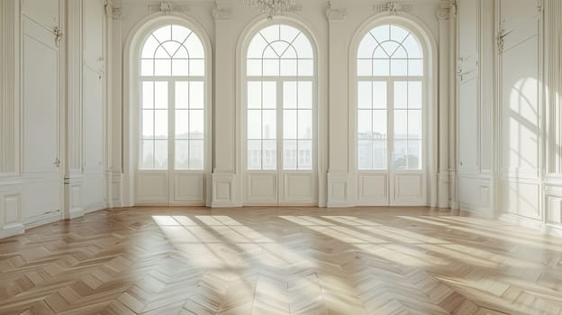 A vintage-style room with big windows and wooden floors, showcasing a spacious interior.