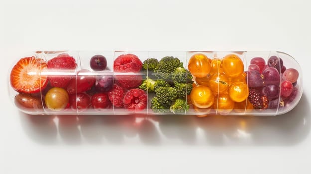 Vegetables and fruits inside the vitamin rich capsule on a white background . Natural products containing dietary fiber and minerals are good for health.