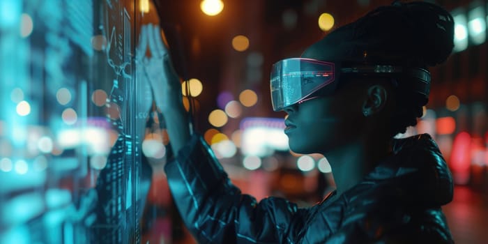 Business person wearing VR headset with financial statistic holographic floating. Close up of smart project manager looking at hologram of marketing graph while using visual reality goggle. AIG42.