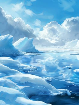 Icebergs drift in the cold ocean waters, reflecting light and showcasing their icy texture.
