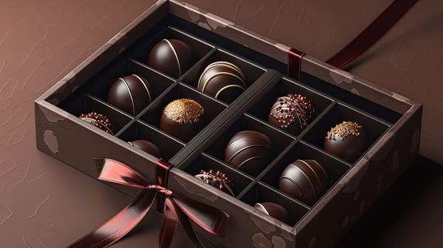 Elegant box of chocolate truffles with a ribbon tied around it, showcasing rich dark colors and luxurious presentation.