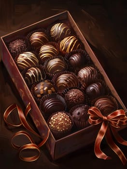 Detailed painting of an elegant box of chocolate truffles adorned with a vibrant red ribbon, showcasing luxurious presentation.