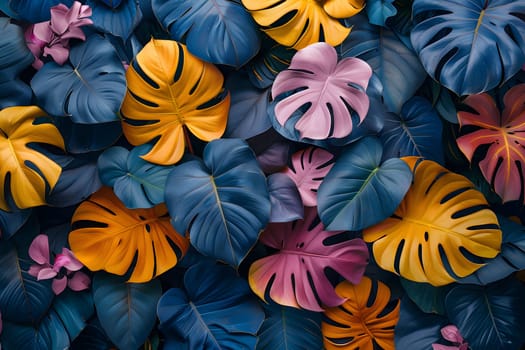 A symmetrical pattern of electric blue, purple, and orange petals stacked on top of each other, resembling a closeup textile of vibrant tints and shades. Groundcover of colorful leaves