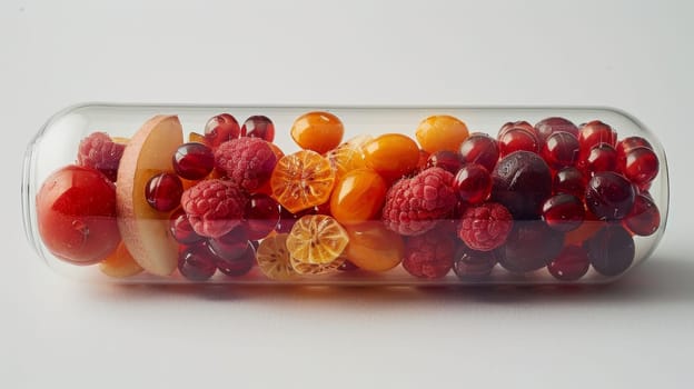 Vegetables and fruits inside the vitamin rich capsule on a white background . Natural products containing dietary fiber and minerals are good for health.