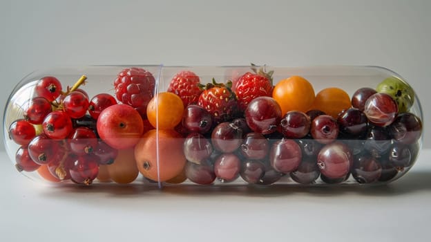 Vegetables and fruits inside the vitamin rich capsule on a white background . Natural products containing dietary fiber and minerals are good for health.