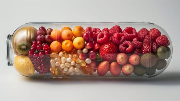 Vegetables and fruits inside the vitamin rich capsule on a white background . Natural products containing dietary fiber and minerals are good for health.