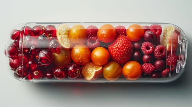 Vegetables and fruits inside the vitamin rich capsule on a white background . Natural products containing dietary fiber and minerals are good for health.