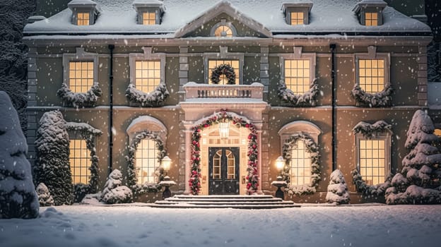 Christmas in the countryside manor, English country house mansion decorated for holidays on a snowy winter evening with snow and holiday lights, Merry Christmas and Happy Holidays design