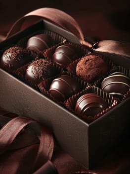 Luxurious box of chocolate truffles with ribbons on a table.