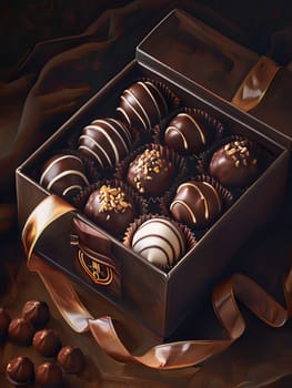 A detailed painting of an elegant box of chocolate truffles on a table, adorned with luxurious ribbons in rich dark colors.
