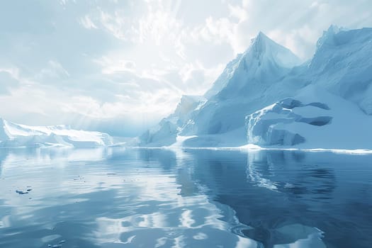 Several icebergs float on the surface of cold Arctic waters, showcasing a stark and frozen landscape.