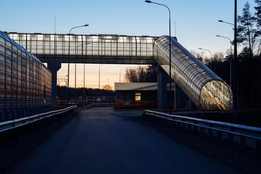 A pedestrian crossing at sunset. Tunnel Shot using a wide angle lens