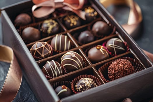 Elegant box of chocolate truffles adorned with a ribbon.