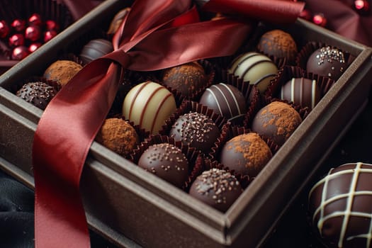 Luxurious assortment of rich dark chocolates in an elegant box adorned with a red ribbon.