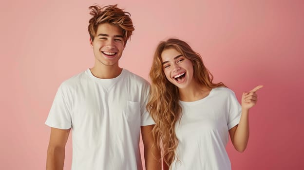 Playful Couple in White T-Shirts Pointing and Engaging in Fun Banner Mockup.