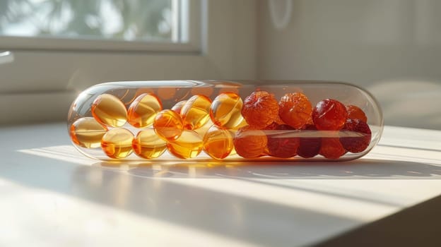 One capsule in a transparent shell with vitamin granules inside on the table.