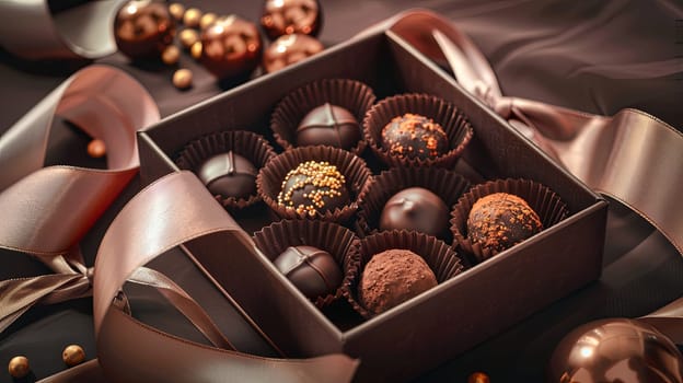 A luxurious box filled with chocolate truffles tied with ribbons sits atop a table.