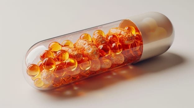 One capsule in a transparent shell with vitamin granules inside on a white background.