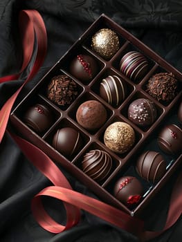 Luxurious box of chocolate truffles adorned with a vibrant red ribbon, showcasing high detail and rich dark colors.