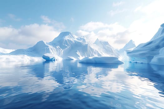 Several icy icebergs drift on the cold water, reflecting light in the Arctic.