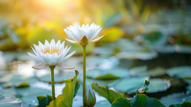 Lotus Flowers Blooming in Pond with Macro Lens Under Natural Light Concept Tranquil Summer Atmosphere.