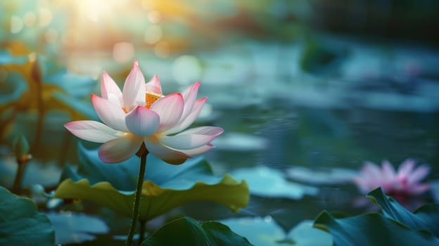 Lotus Flowers Blooming in Pond with Macro Lens Under Natural Light Concept Tranquil Summer Atmosphere.