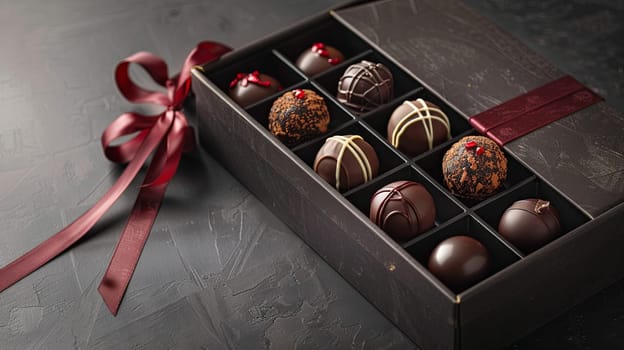 A detailed, elegant box of chocolate truffles adorned with a vibrant red ribbon.