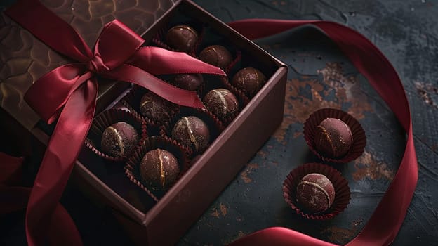 Luxurious box of chocolate truffles adorned with a vibrant red ribbon, creating an elegant presentation.