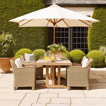 Modern cottage garden furniture, outdoor decor and countryside house patio terrace chairs and table with umbrella, country style, post-processed, generative ai