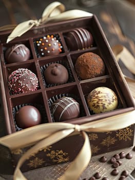 Elegant box of chocolate truffles adorned with a ribbon in rich dark colors.