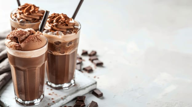 Chilled Iced Chocolate Cocoa with Scoop of Chocolate Ice Cream Chocolate Powder and Ice in Glasses with Straws Concept Summer Refreshment Drinks.
