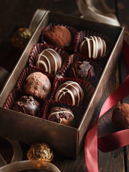 Elegant box of chocolate truffles adorned with a red ribbon, featuring high detail and luxurious presentation in rich dark colors.
