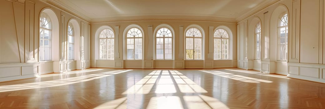 An empty banquet hall with a parquet floor and vintage-style big windows providing ample natural light.