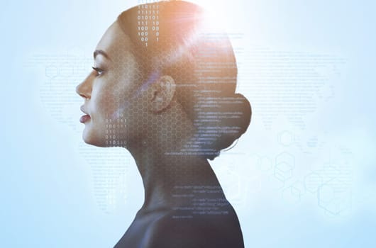 Silhouette of a woman on a blue background. Artificial intelligence and neural networks concept background