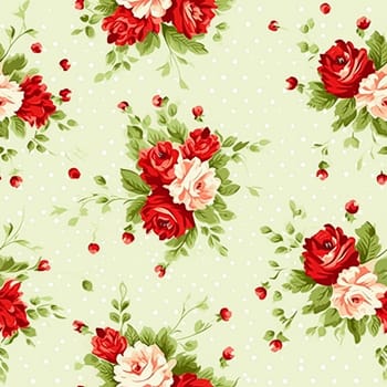 Seamless pattern, tileable floral country holiday print with roses, dots and flowers for wallpaper, wrapping paper, scrapbook, fabric and polka dot roses product design idea