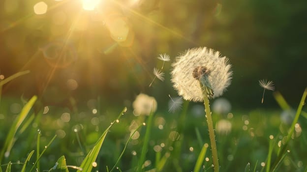 Dandelion in the Wind on Green Grass Spring Nature Background with Sun Rays and Bokeh Effect Concept Serene Natural Beauty.