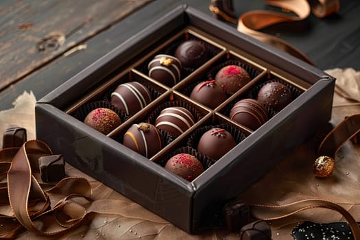 A luxurious box of chocolate truffles, adorned with ribbons, sitting on top of a table.