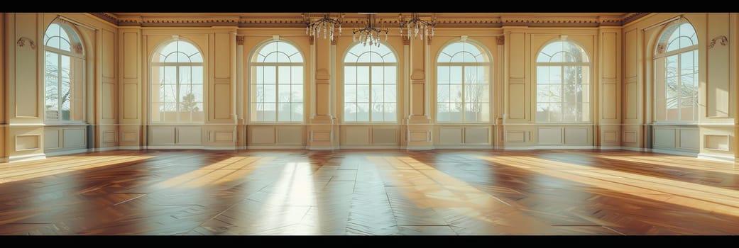 Vintage banquet hall with parquet floor and expansive windows casting natural light.