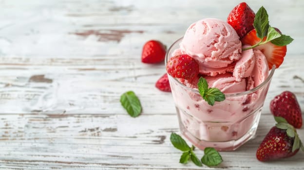 Close-Up of Strawberry Ice Cream in Glass Topped with Fresh Strawberries and Mint Leaves Against White Wooden Background Concept Fresh and Delicious Dessert.