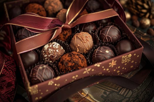 A luxurious box of assorted chocolates, decorated with ribbons, placed on a table.