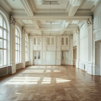 An empty banquet hall with vintage style, featuring a parquet floor and numerous large windows.