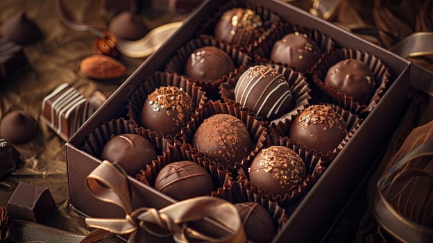 A luxurious box of chocolate truffles, adorned with ribbons, placed on a table.