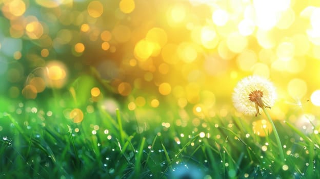 Dandelion in the Wind on Green Grass Spring Nature Background with Sun Rays and Bokeh Effect Concept Serene Natural Beauty.