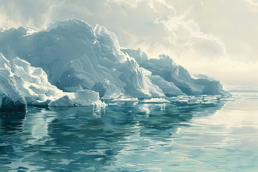 Multiple icebergs drift on the cold Arctic waters, creating a stark and icy scene.