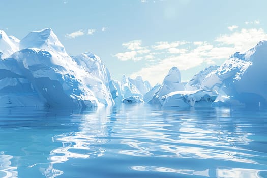 Multiple icebergs drift atop frigid Arctic waters.